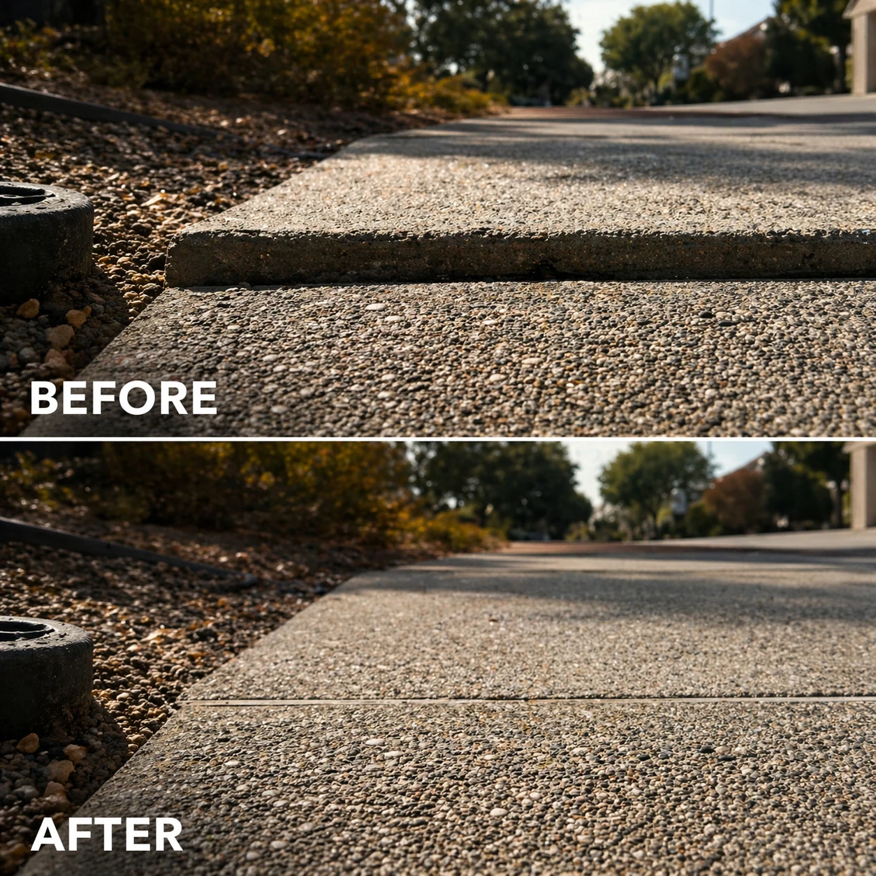 Before and after view of leveled concrete slabs