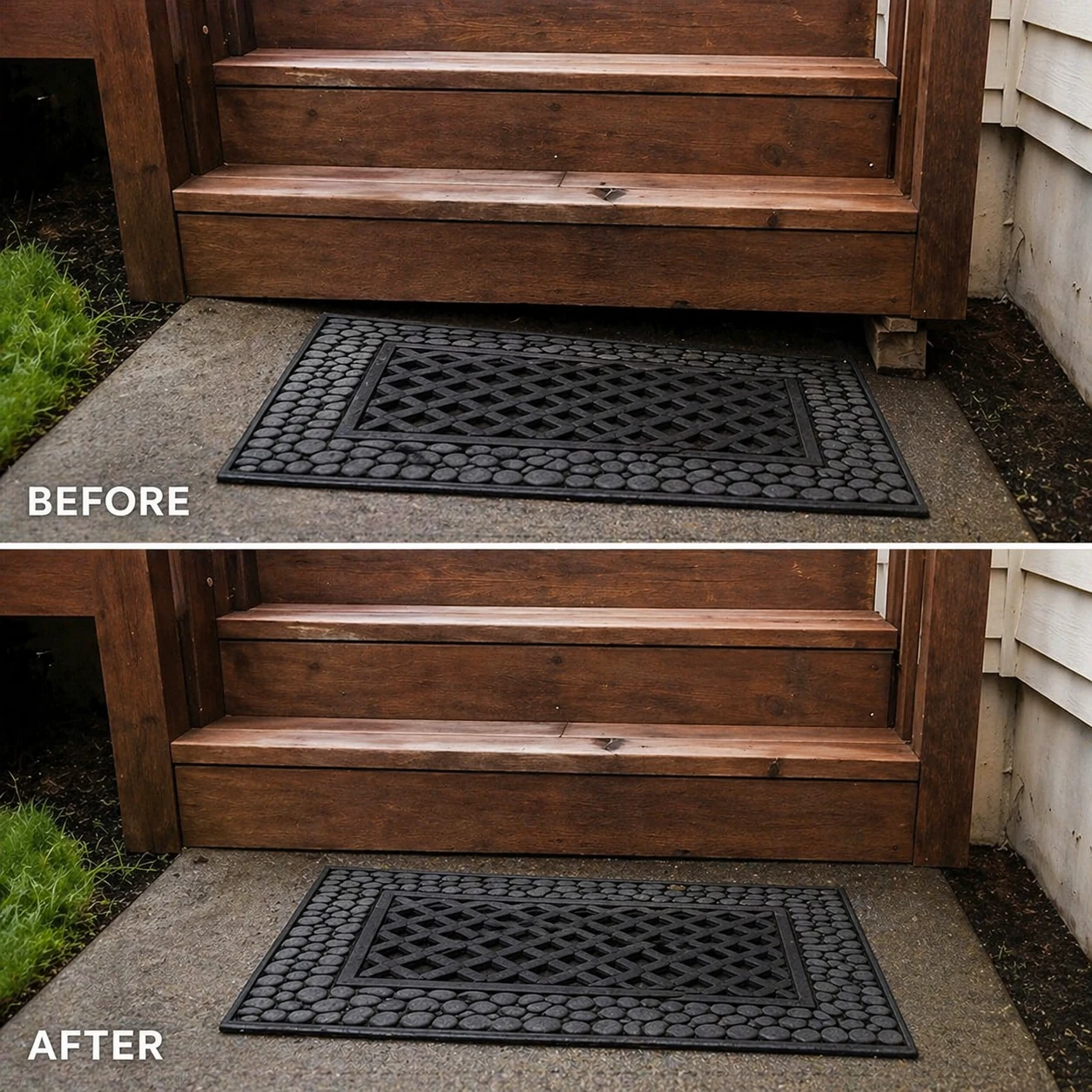 Before and after view of leveled concrete stairs